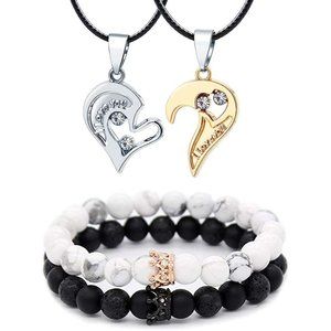 Long tiantian 4Pcs Couple Necklace Bracelet Set Matching Bracelets for C…